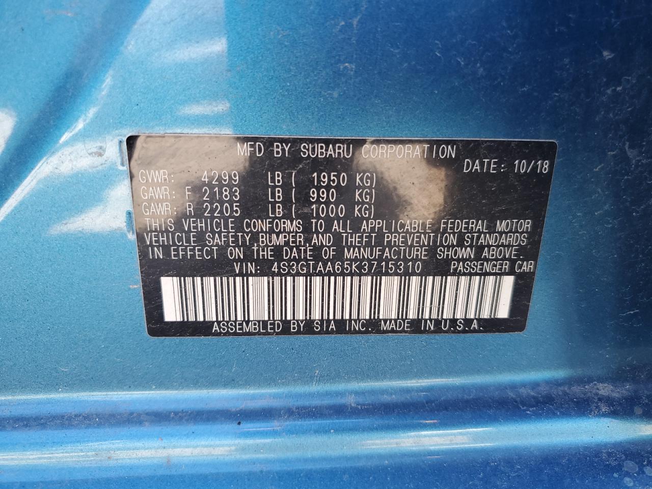 4S3GTAA65K3715310 2019 Subaru Impreza