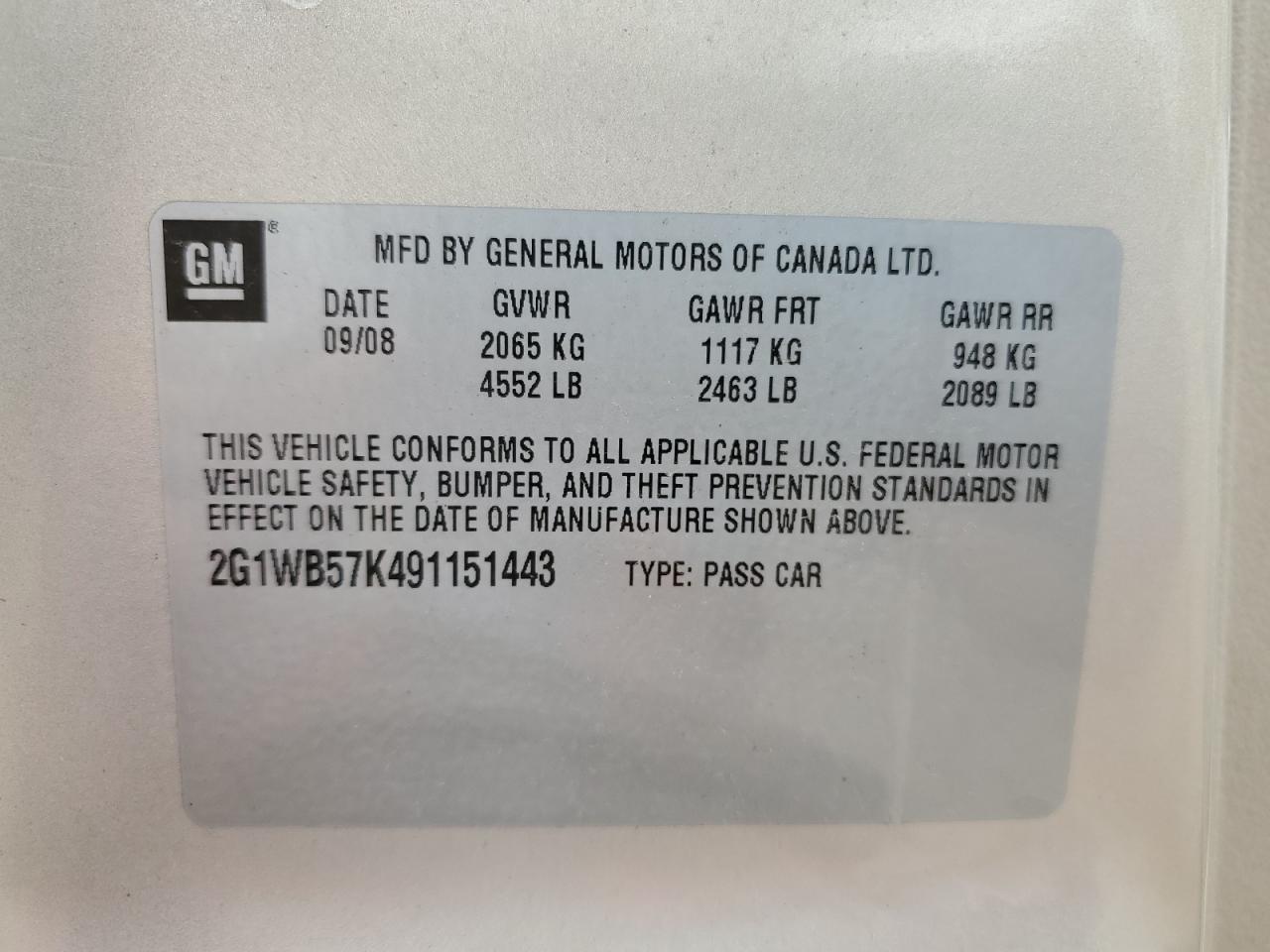 2G1WB57K491151443 2009 Chevrolet Impala Ls