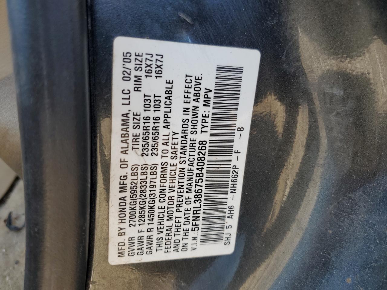 5FNRL38675B408268 2005 Honda Odyssey Exl