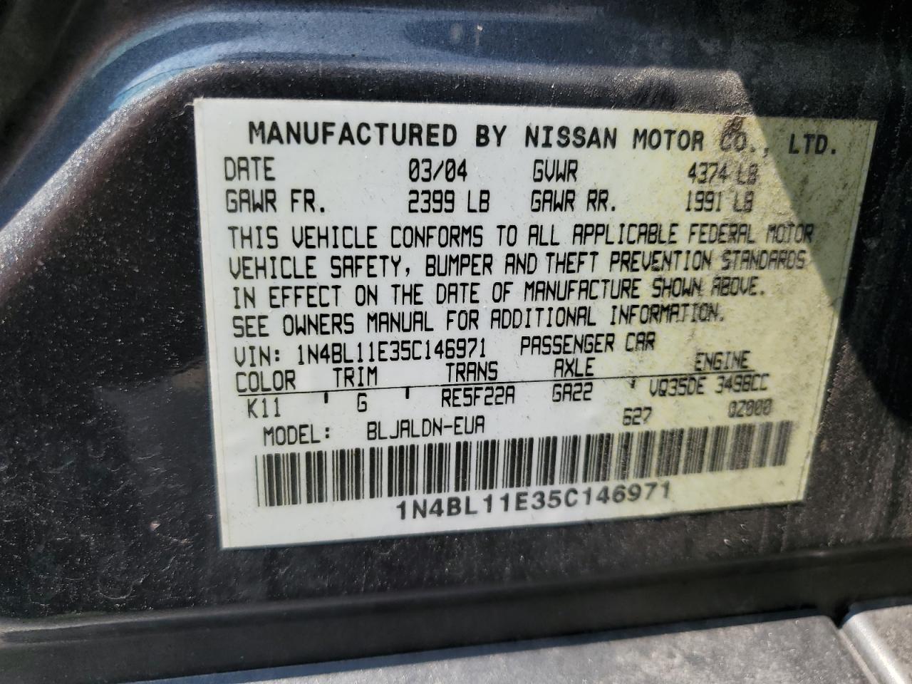 1N4BL11E35C146971 2005 Nissan Altima Se