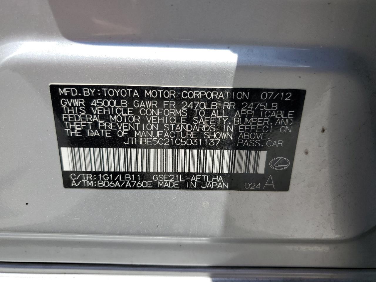 JTHBE5C21C5031137 2012 Lexus Is 350