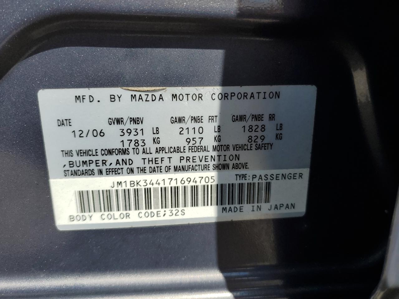 JM1BK344171694705 2007 Mazda 3 Hatchback