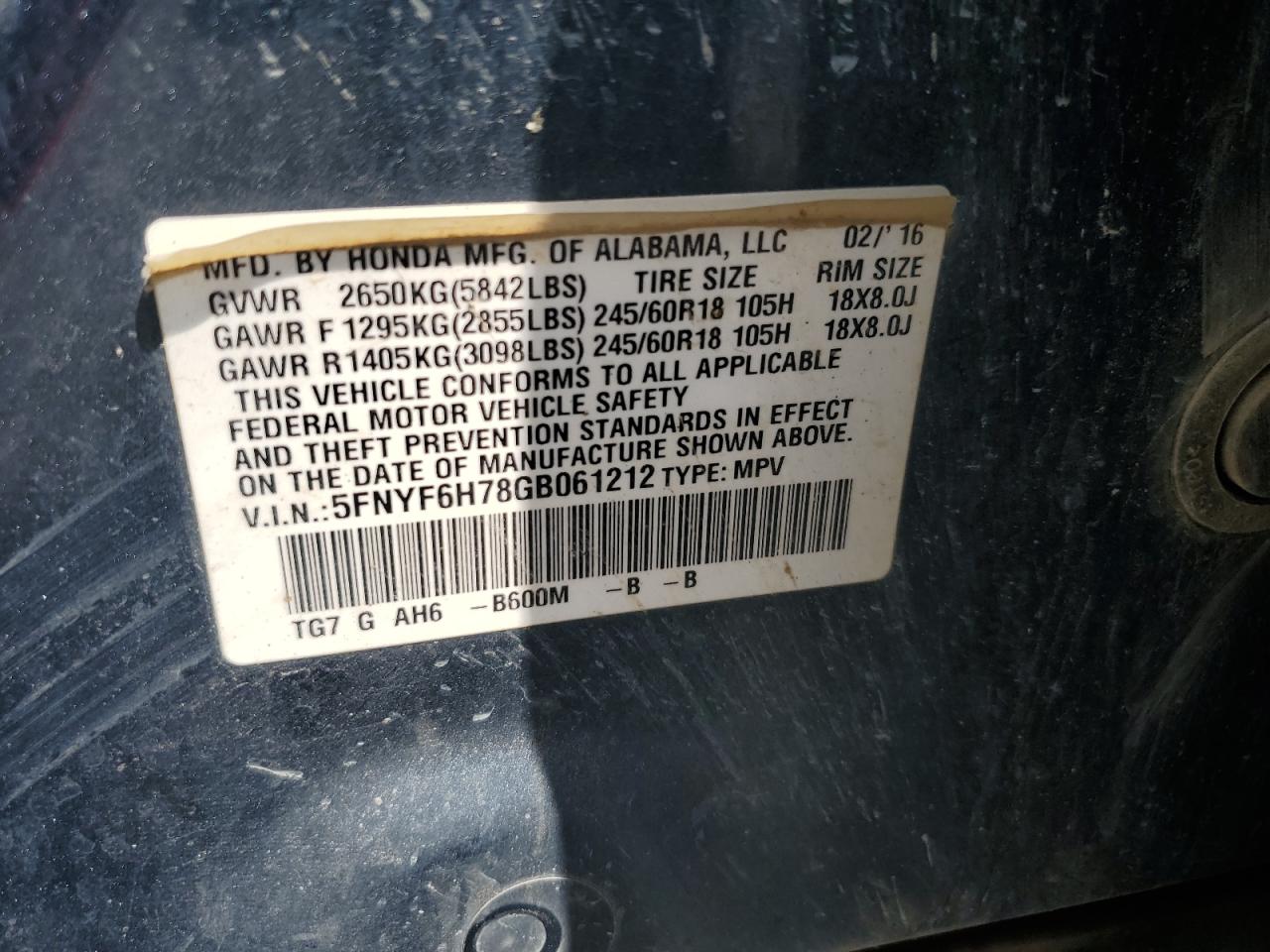 5FNYF6H78GB061212 2016 Honda Pilot Exln