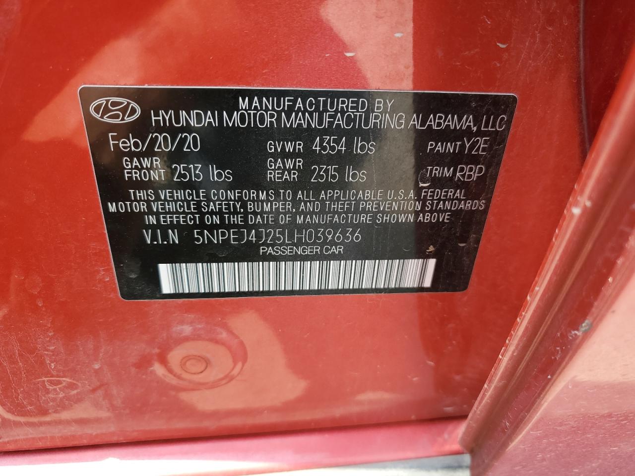 5NPEJ4J25LH039636 2020 Hyundai Sonata Sel Plus