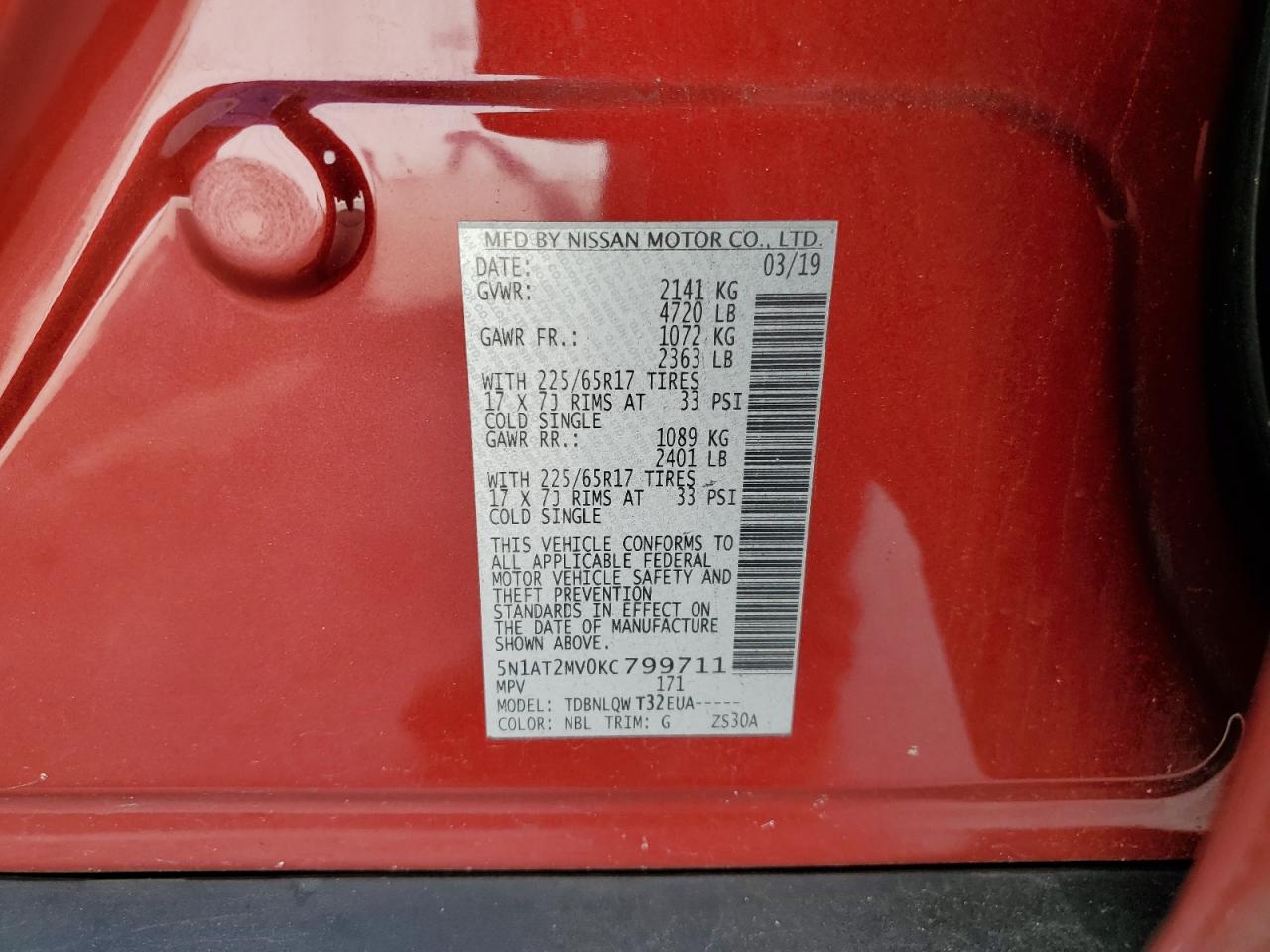 5N1AT2MV0KC799711 2019 Nissan Rogue S