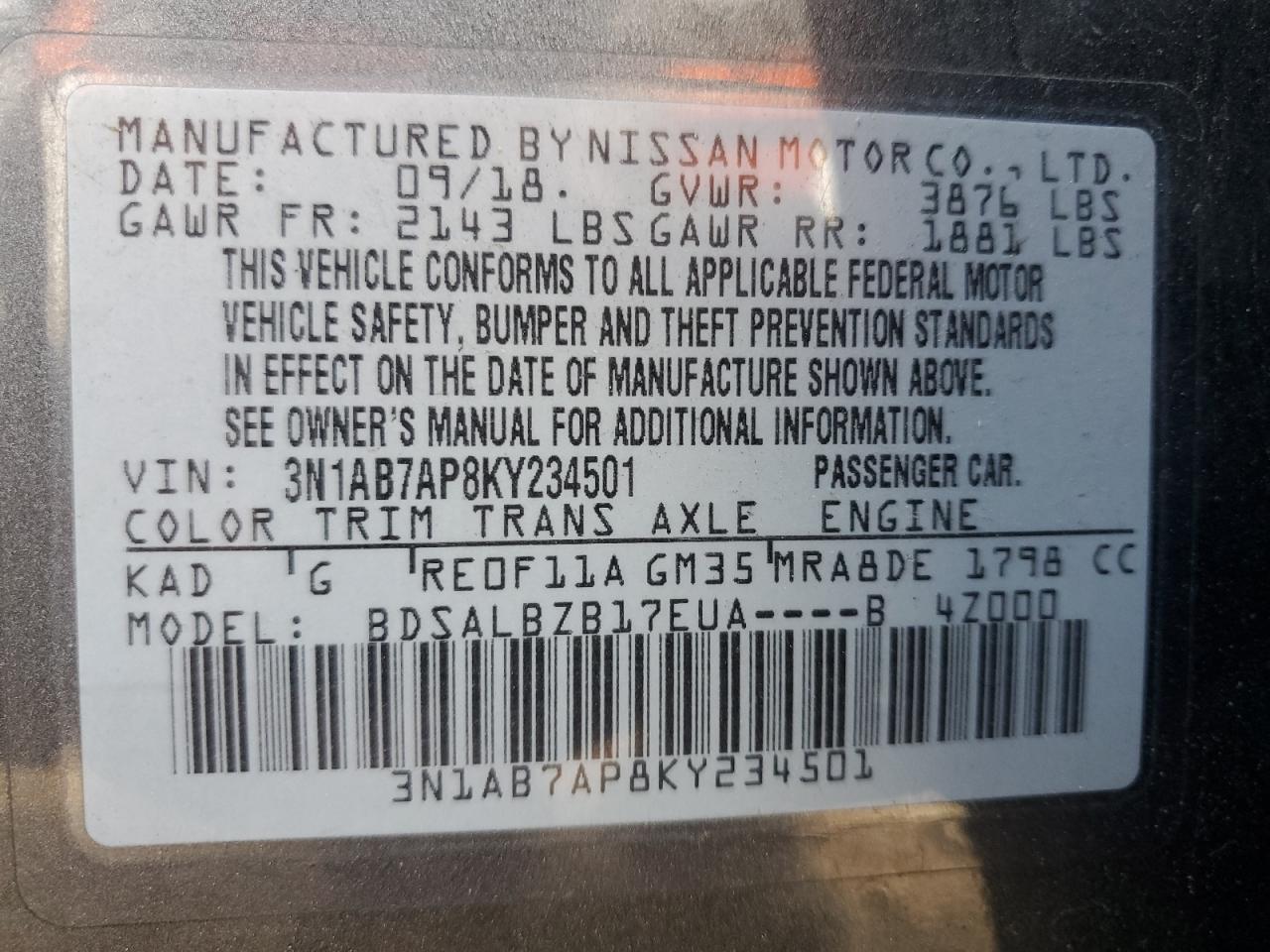 3N1AB7AP8KY234501 2019 Nissan Sentra S