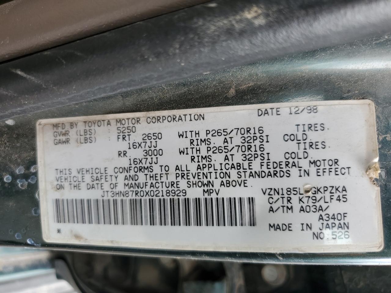 JT3HN87R0X0218929 1999 Toyota 4Runner Limited