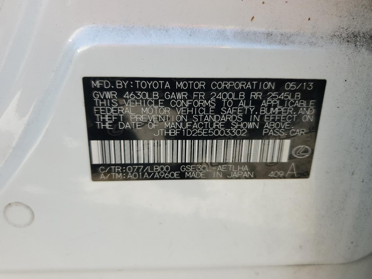 JTHBF1D25E5003302 2014 Lexus Is 250