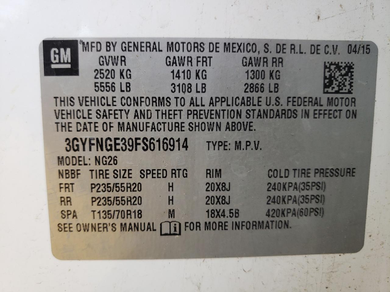 3GYFNGE39FS616914 2015 Cadillac Srx Premium Collection