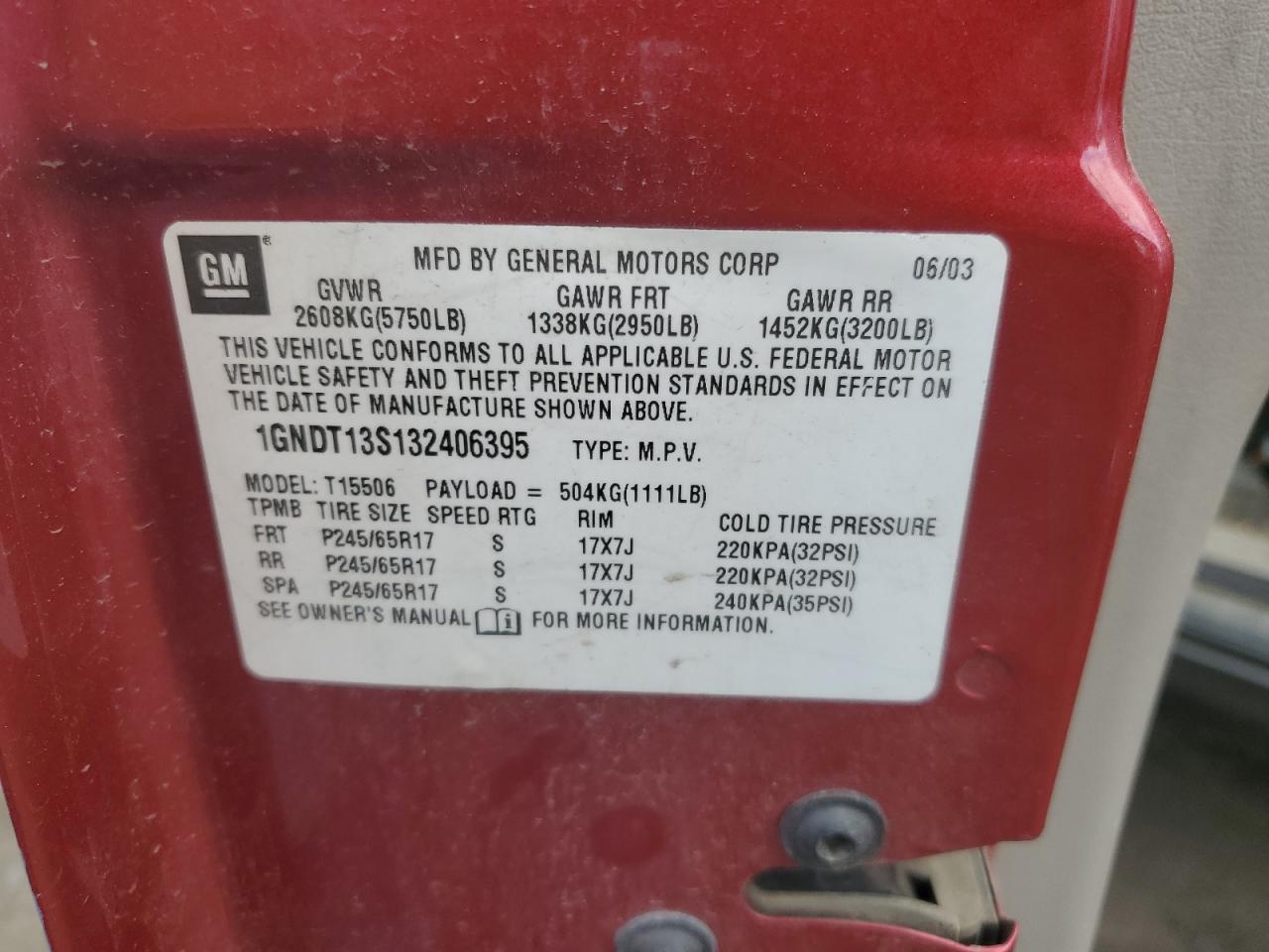 1GNDT13S132406395 2003 Chevrolet Trailblazer