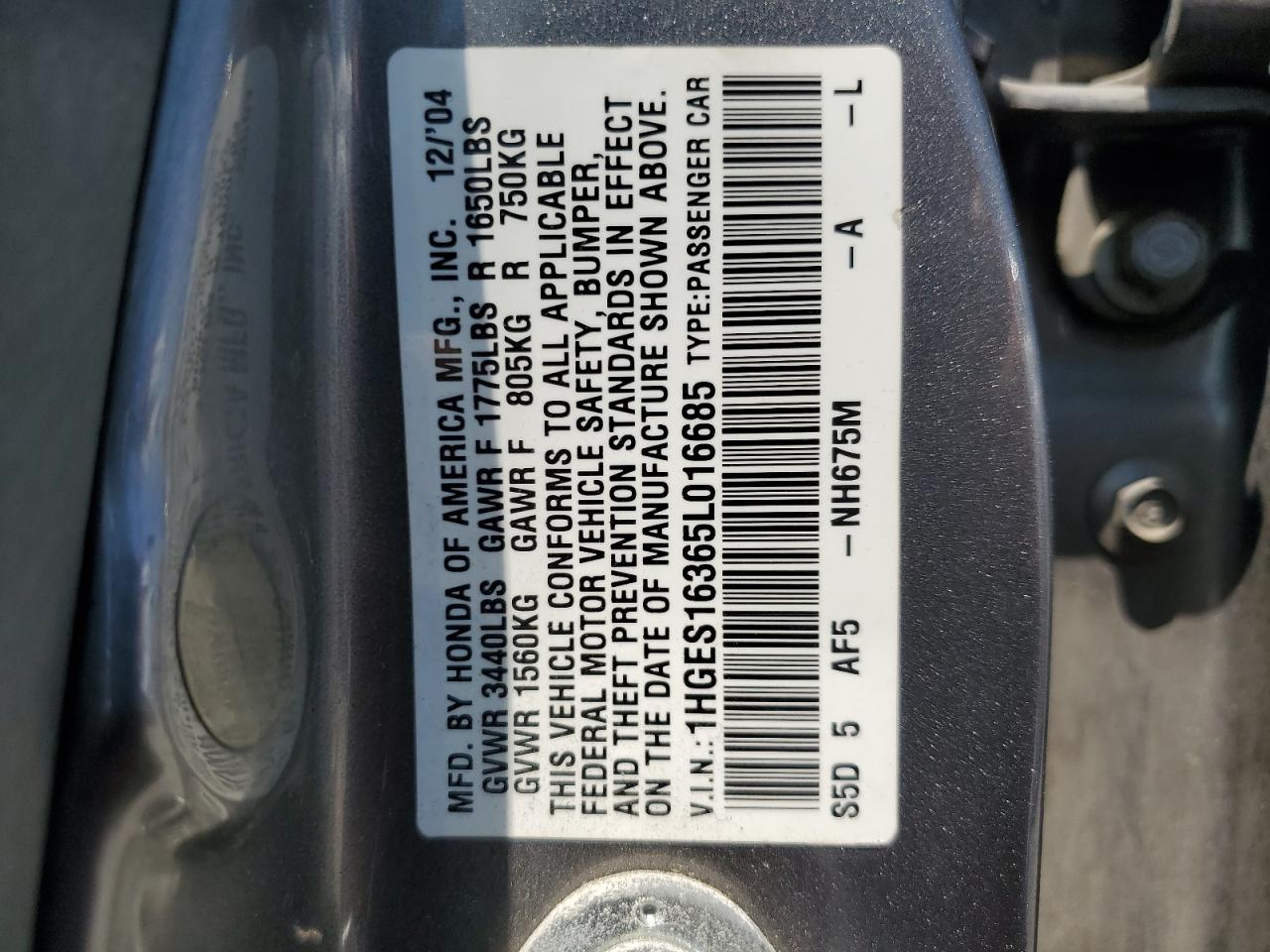 1HGES16365L016685 2005 Honda Civic Dx Vp 1HGES16365L016685 2005 Honda Civic Dx Vp