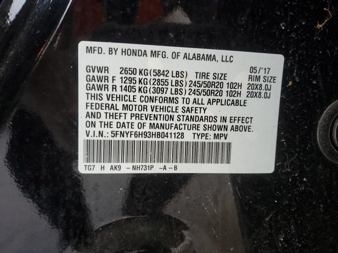 5FNYF6H93HB041128 2017 Honda Pilot Touring