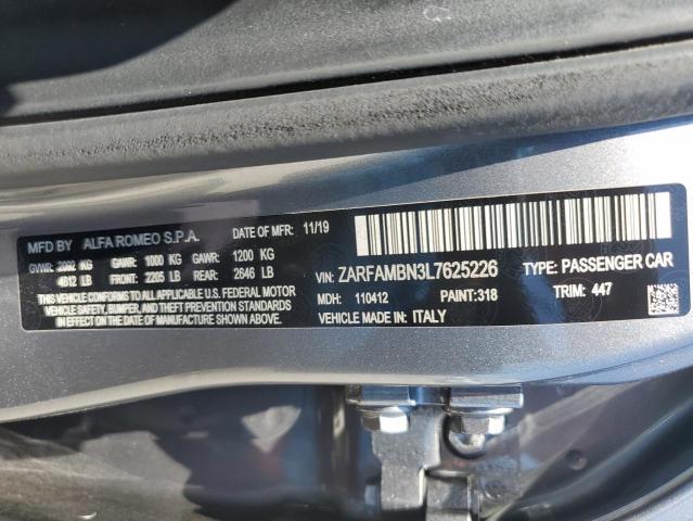 2020 Alfa Romeo Giulia Ti VIN: ZARFAMBN3L7625226 Lot: 60978444