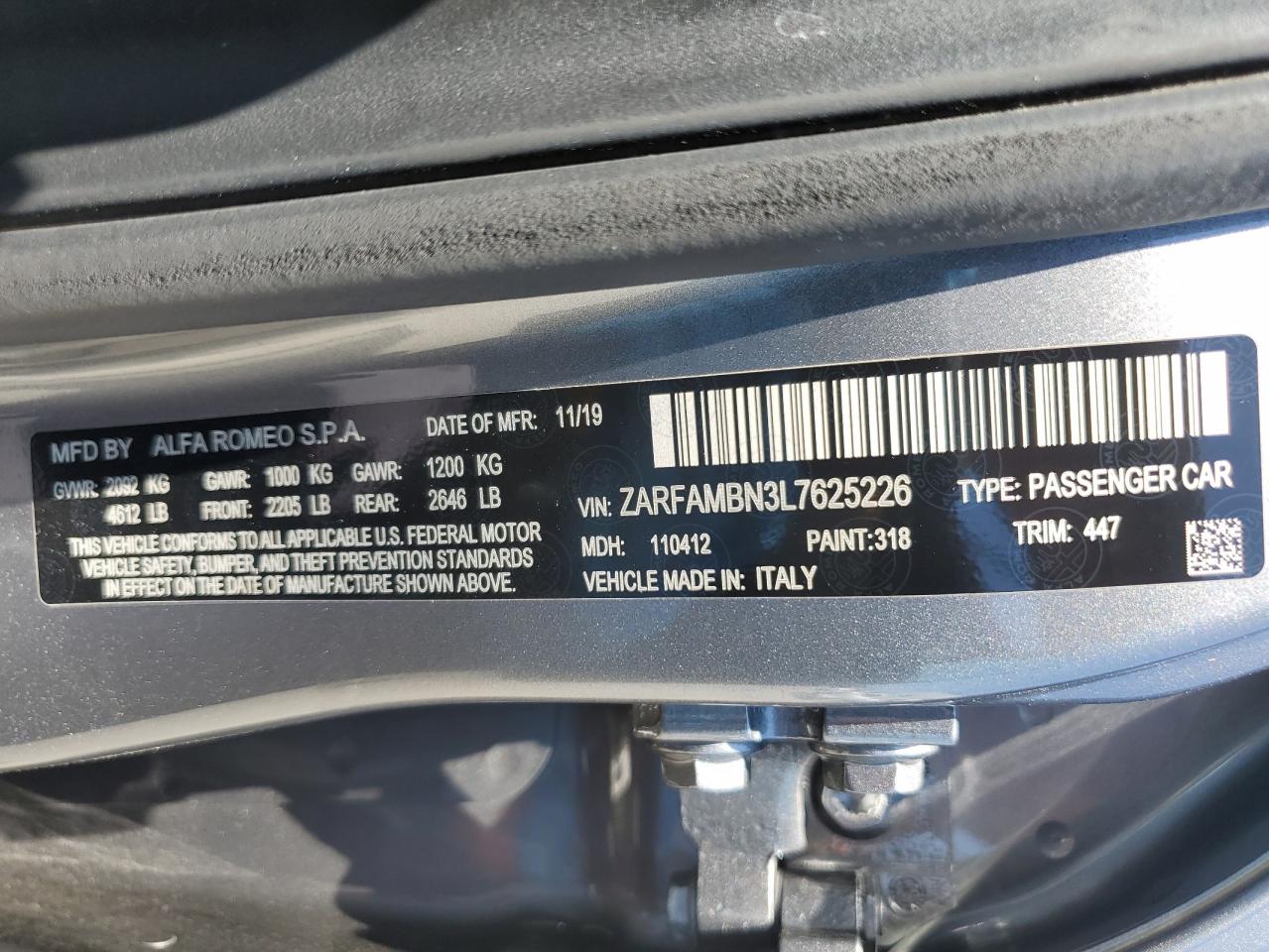 ZARFAMBN3L7625226 2020 Alfa Romeo Giulia Ti