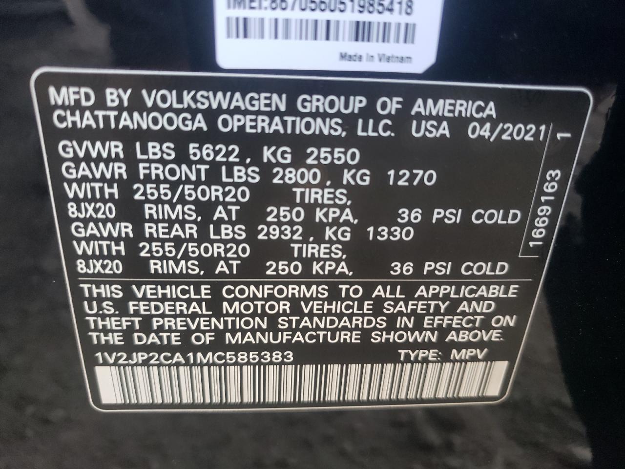 1V2JP2CA1MC585383 2021 Volkswagen Atlas Se