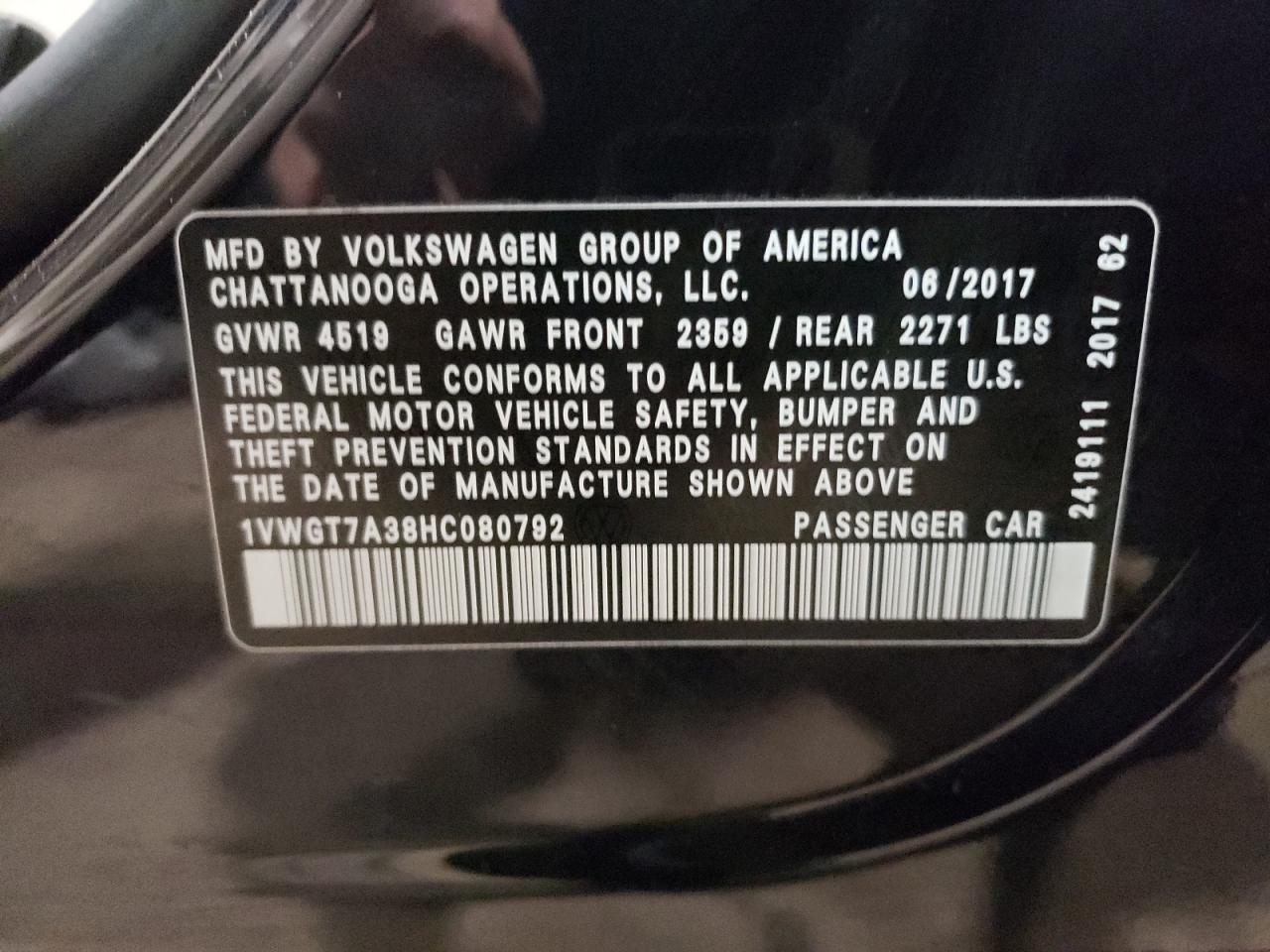 1VWGT7A38HC080792 2017 Volkswagen Passat Se
