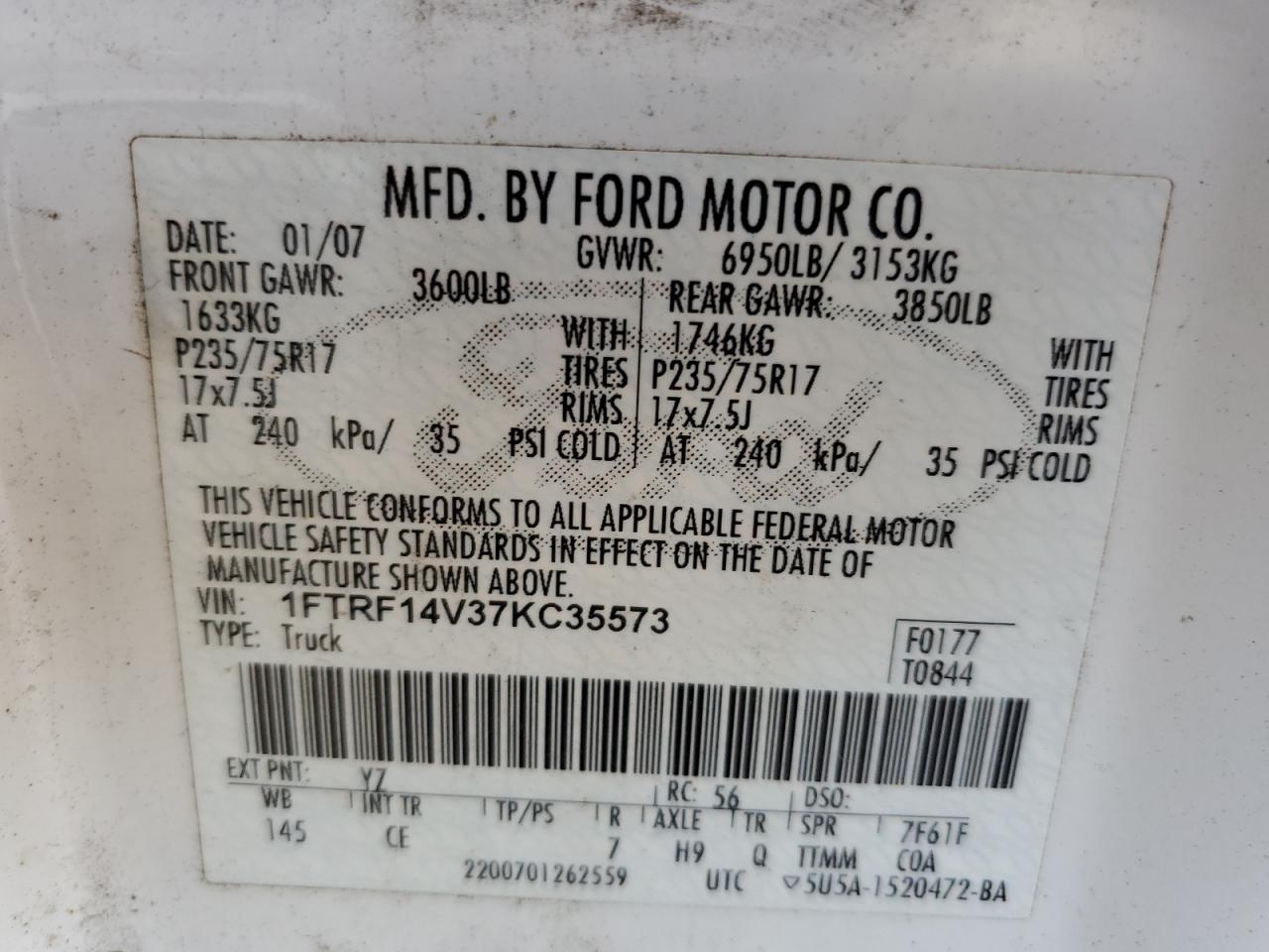 1FTRF14V37KC35573 2007 Ford F150
