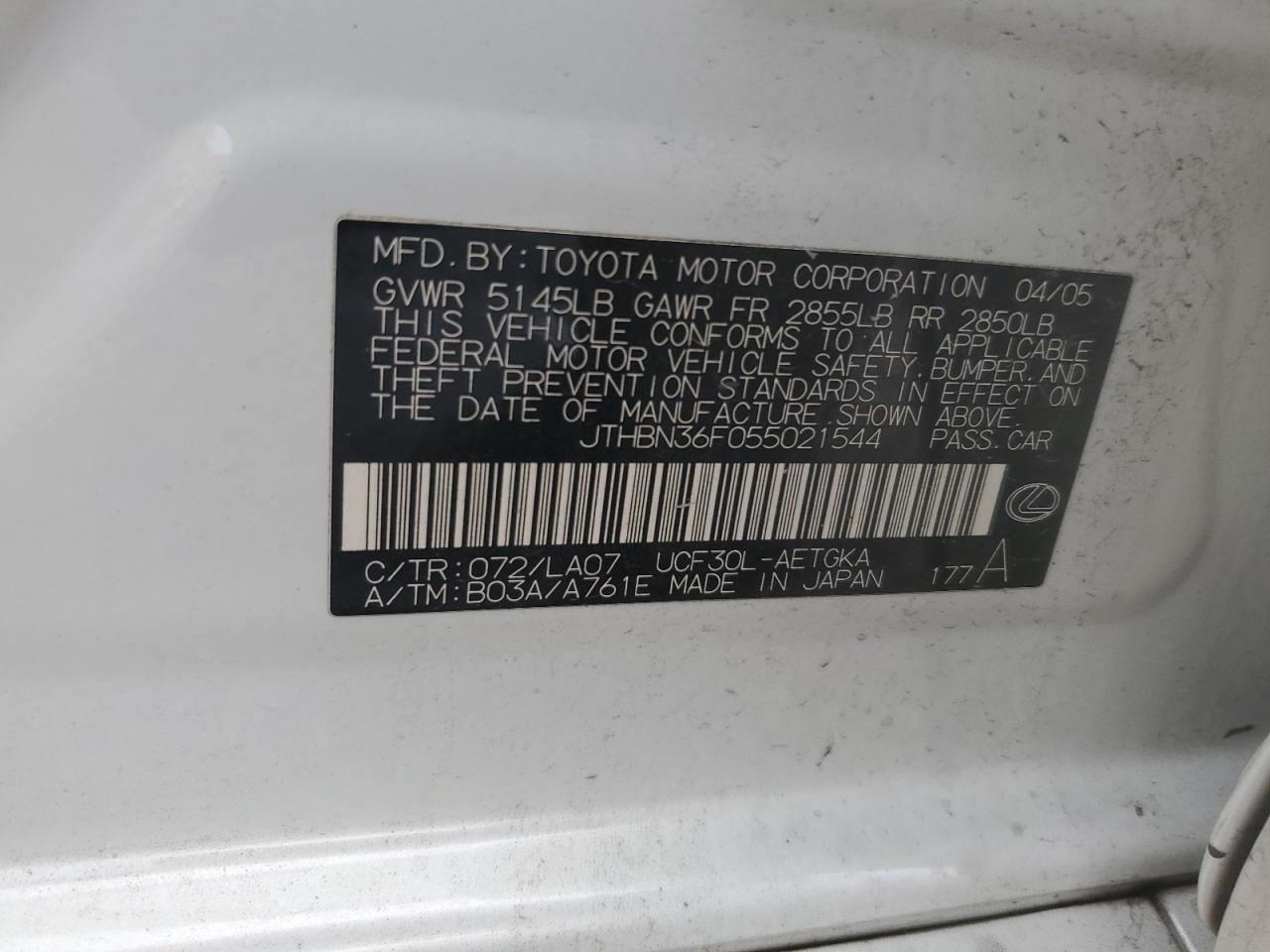 JTHBN36F055021544 2005 Lexus Ls 430