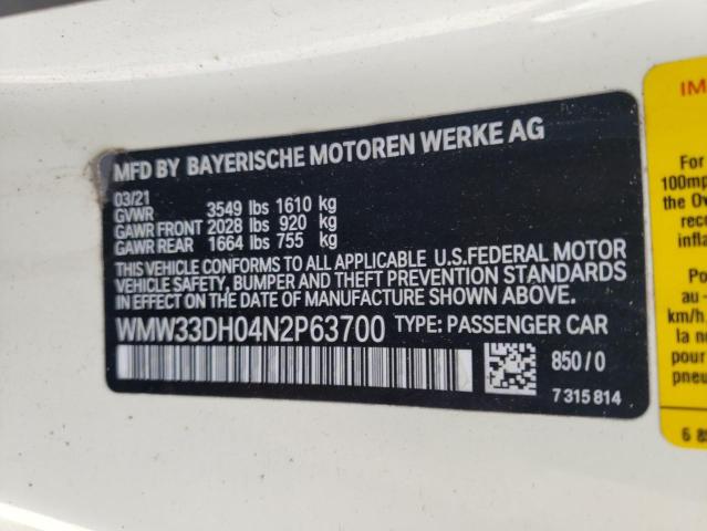 2022 Mini Cooper VIN: WMW33DH04N2P63700 Lot: 61058784