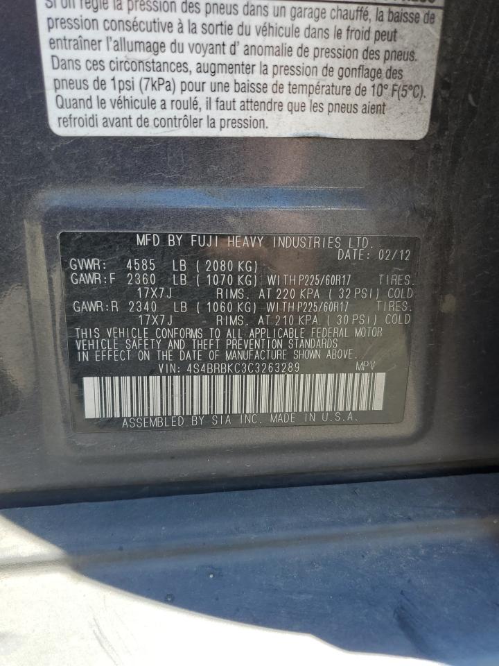 4S4BRBKC3C3263289 2012 Subaru Outback 2.5I Limited