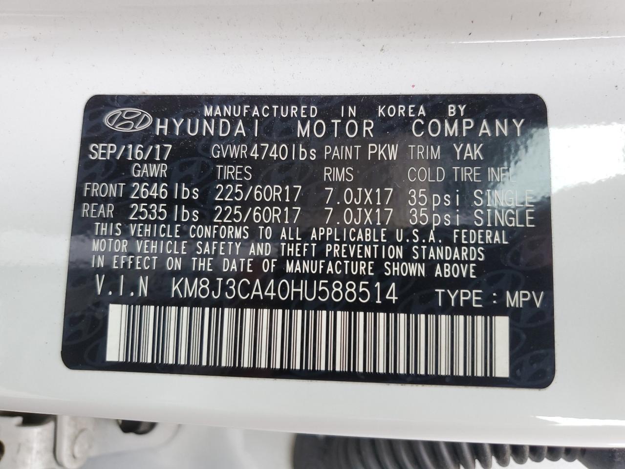 KM8J3CA40HU588514 2017 Hyundai Tucson Limited