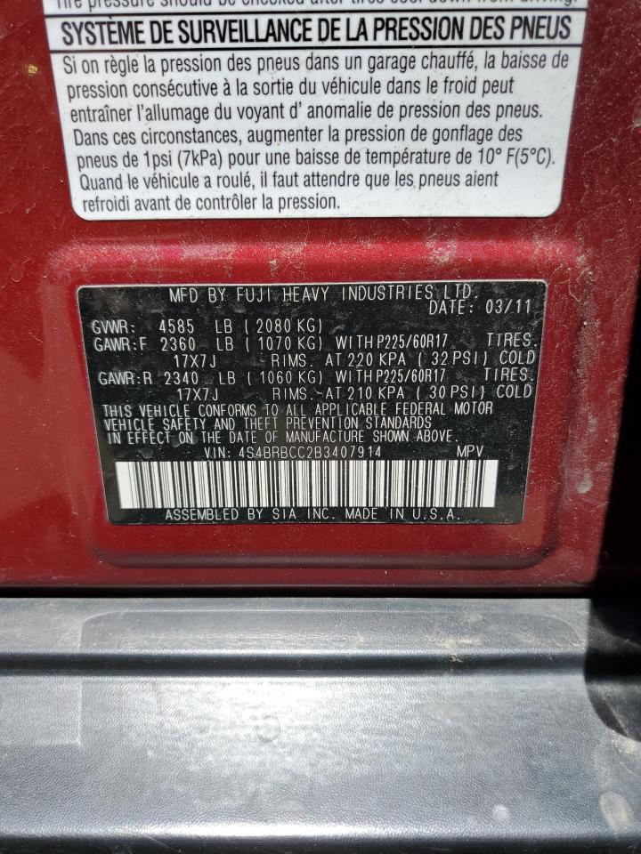 4S4BRBCC2B3407914 2011 Subaru Outback 2.5I Premium