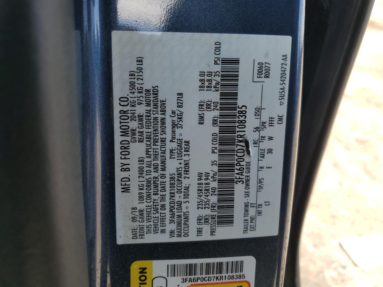 3FA6P0CD7KR108385 2019 Ford Fusion Sel