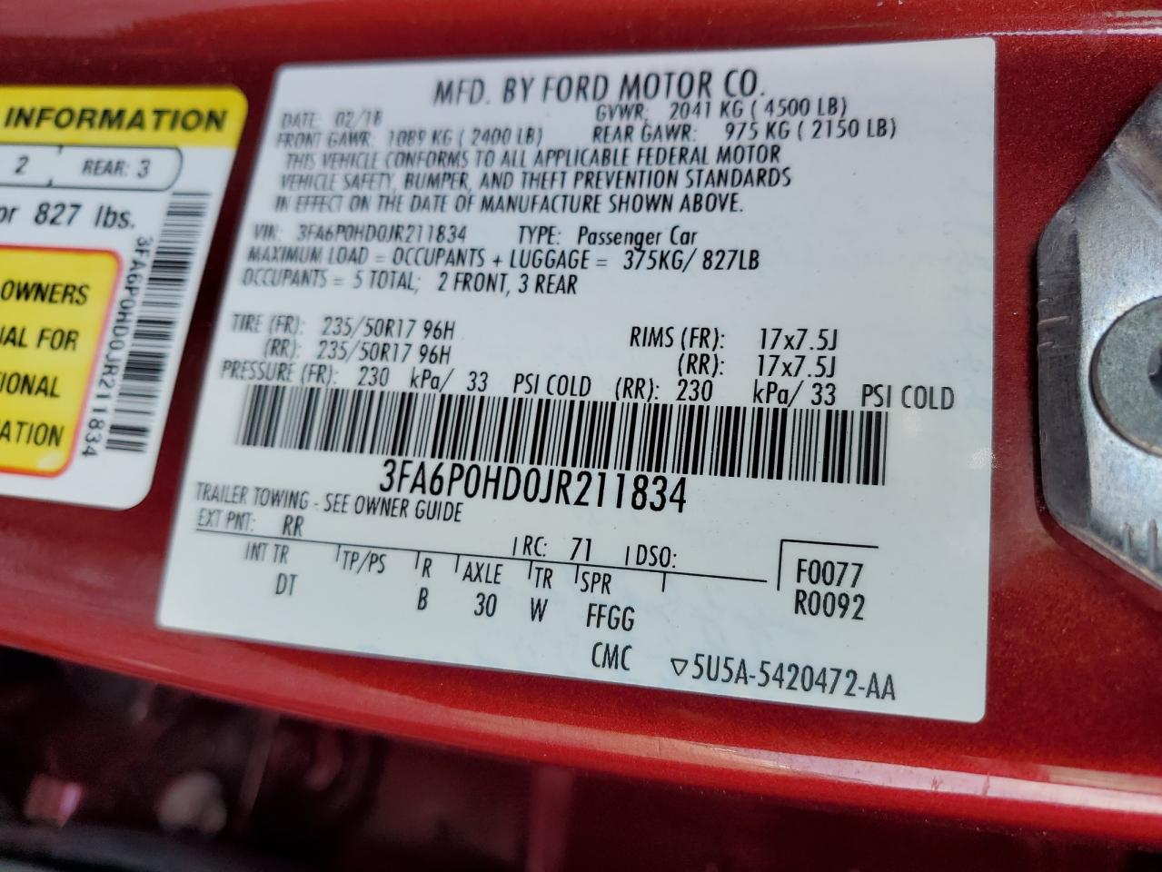 3FA6P0HD0JR211834 2018 Ford Fusion Se