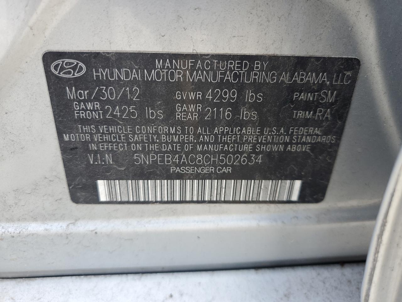 5NPEB4AC8CH502634 2012 Hyundai Sonata Gls