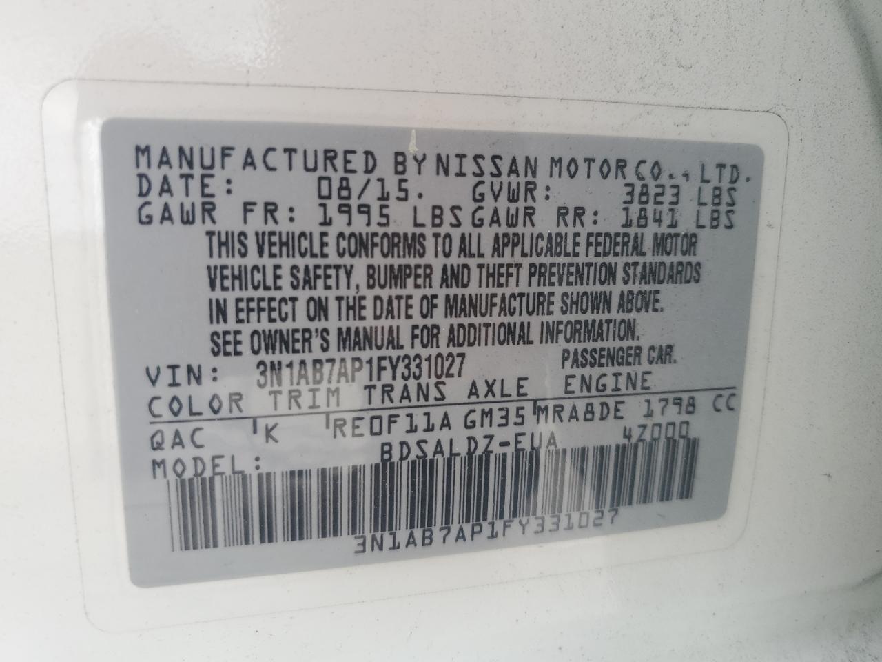 3N1AB7AP1FY331027 2015 Nissan Sentra S