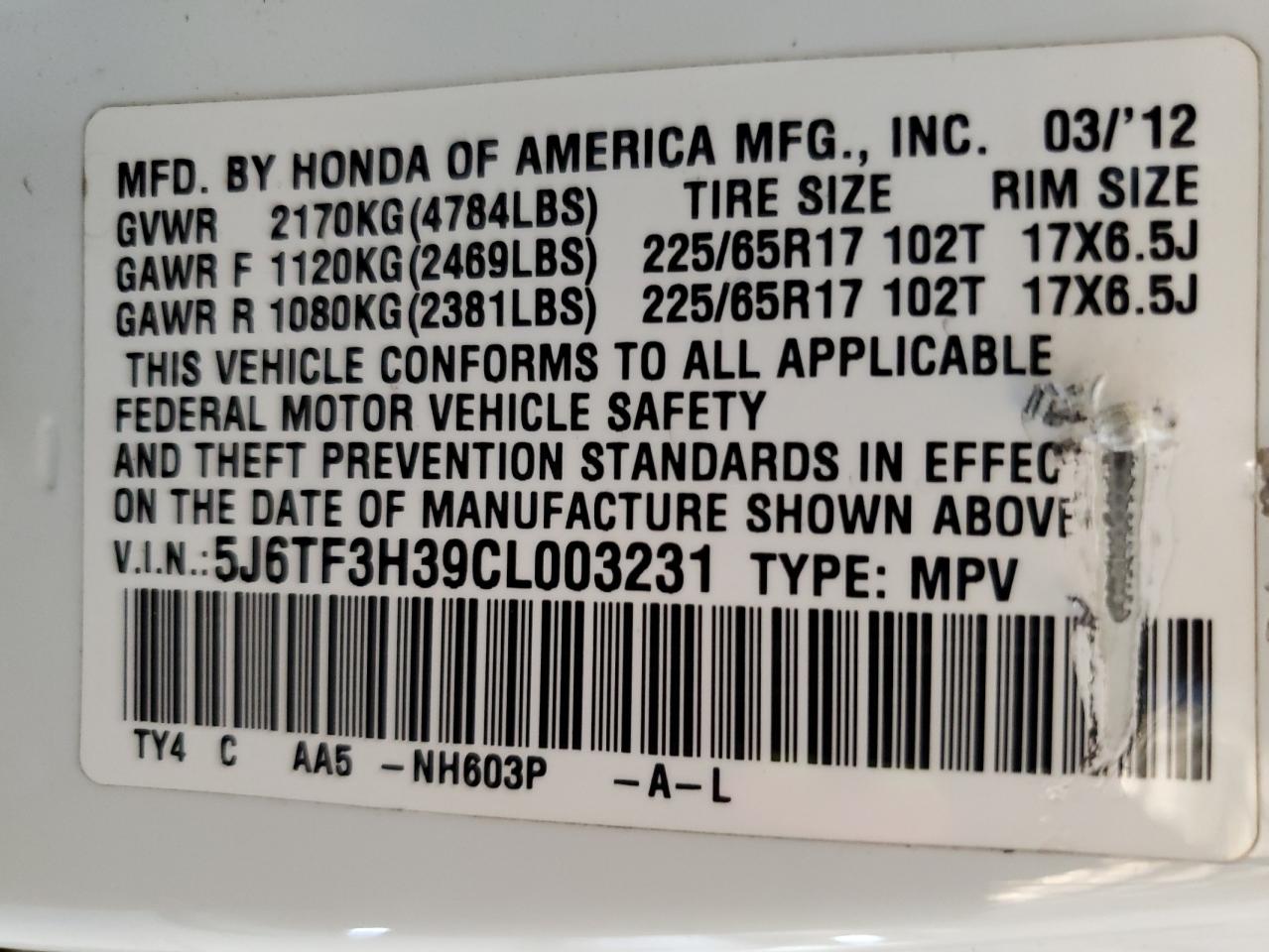 5J6TF3H39CL003231 2012 Honda Crosstour Ex
