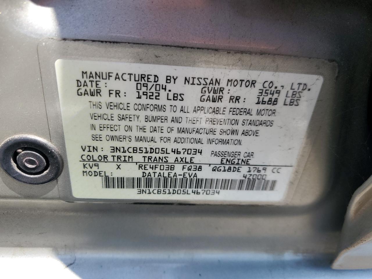 3N1CB51D05L467034 2005 Nissan Sentra 1.8