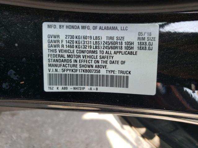 2019 HONDA RIDGELINE 5FPYK3F17KB007358  64982824