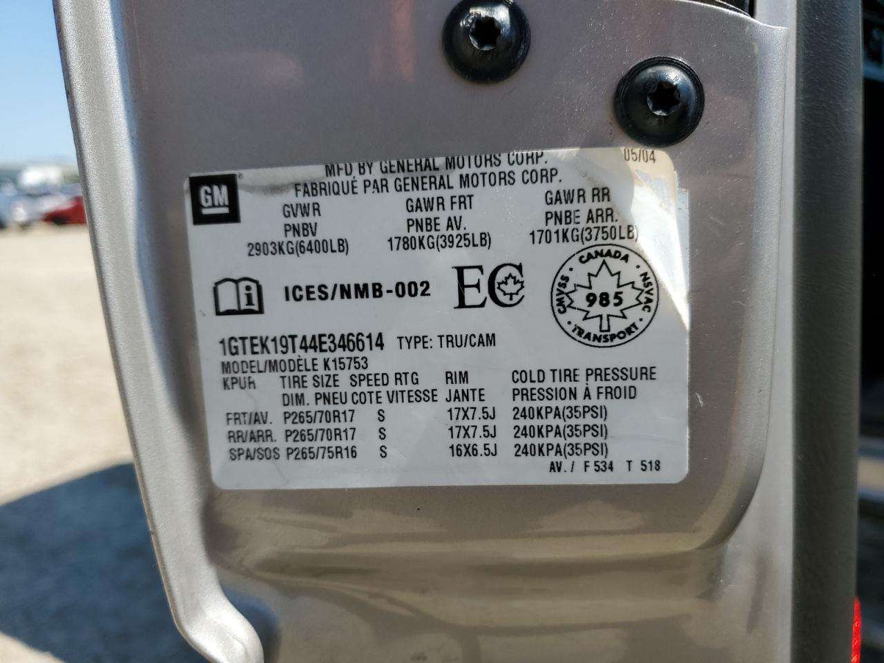 1GTEK19T44E346614 2004 GMC New Sierra K1500