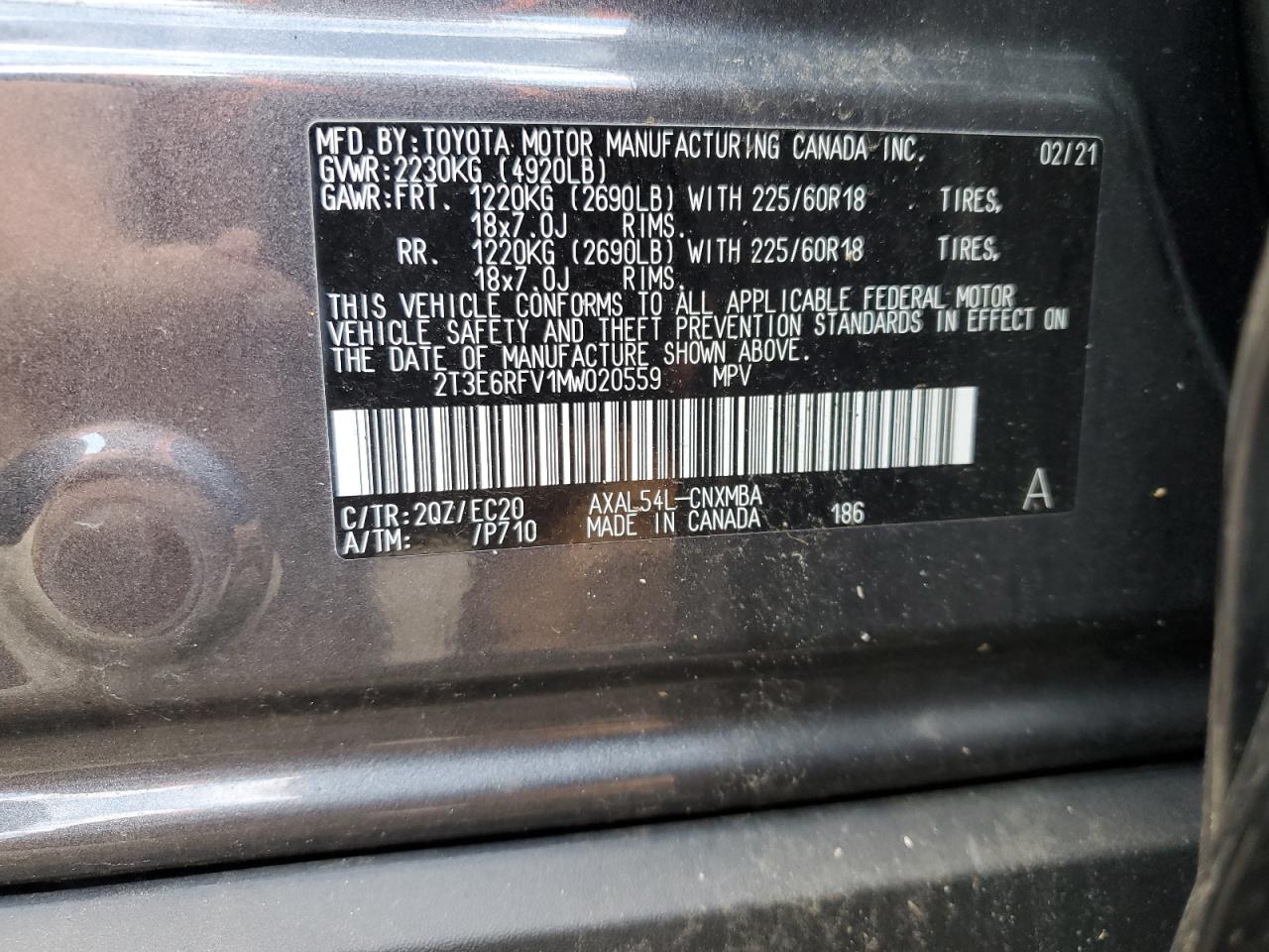 2T3E6RFV1MW020559 2021 Toyota Rav4 Xse