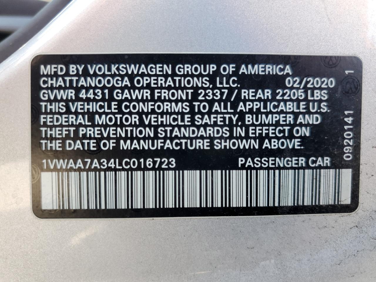 1VWAA7A34LC016723 2020 Volkswagen Passat S