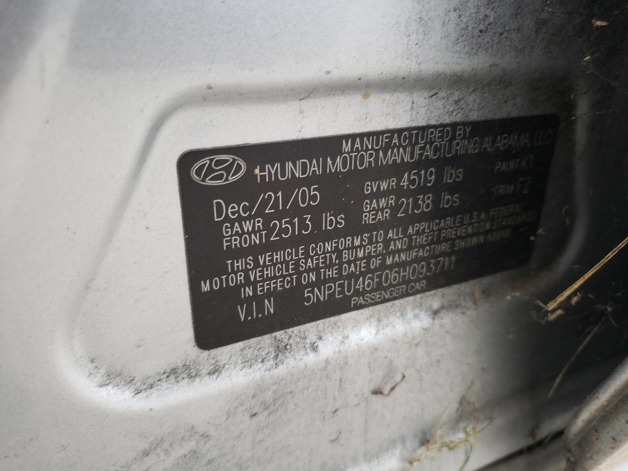 5NPEU46F06H093711 2006 Hyundai Sonata Gls