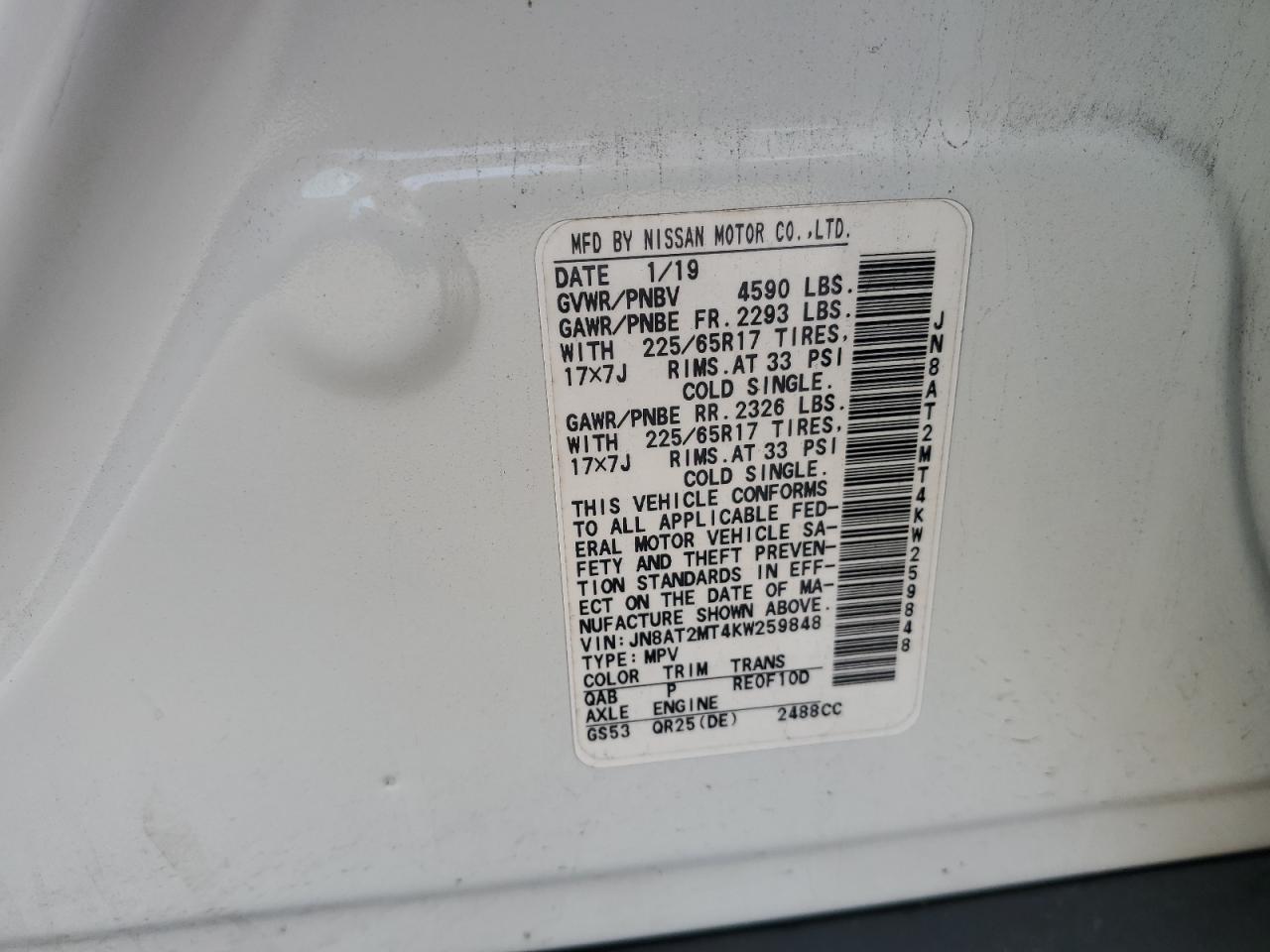 JN8AT2MT4KW259848 2019 Nissan Rogue S