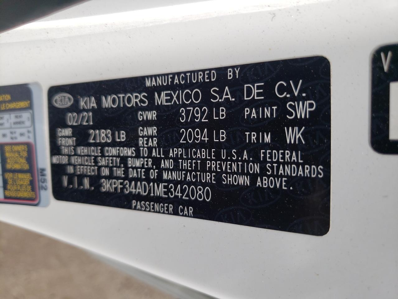 3KPF34AD1ME342080 2021 Kia Forte Gt Line