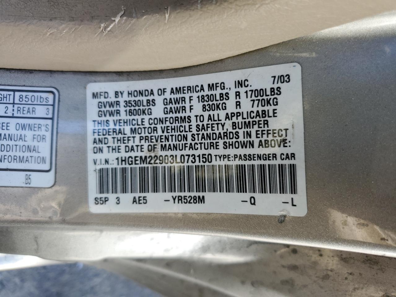 1HGEM22903L073150 2003 Honda Civic Ex