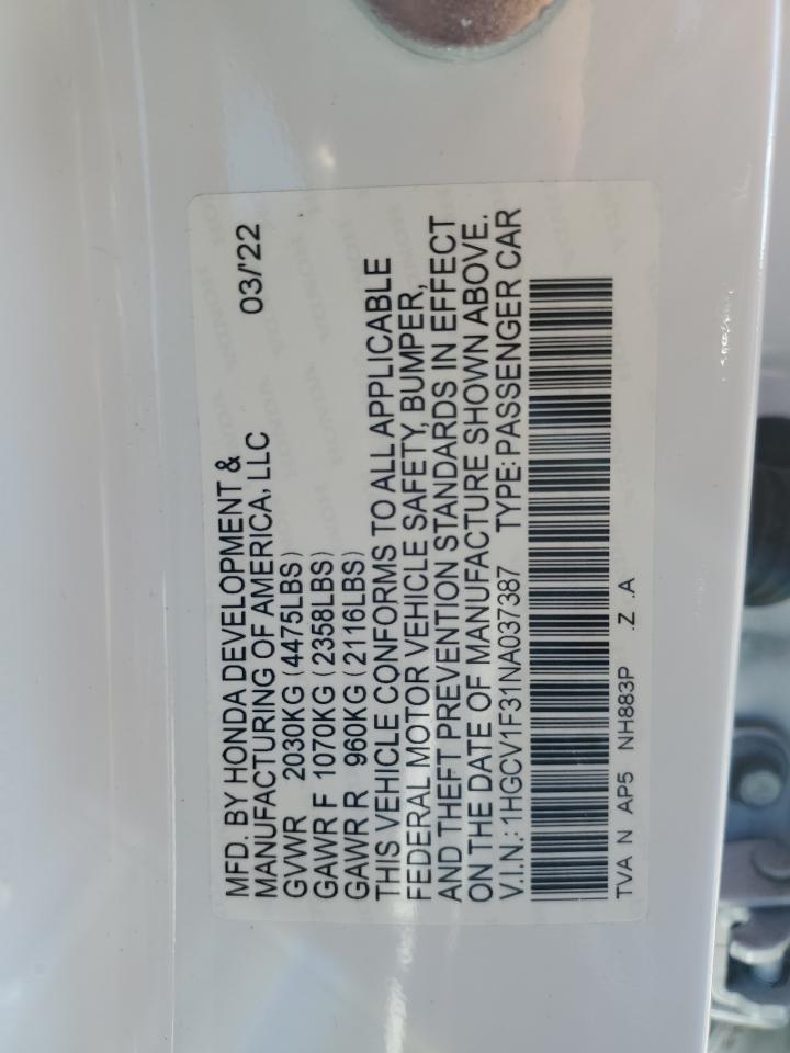 1HGCV1F31NA037387 2022 Honda Accord Sport