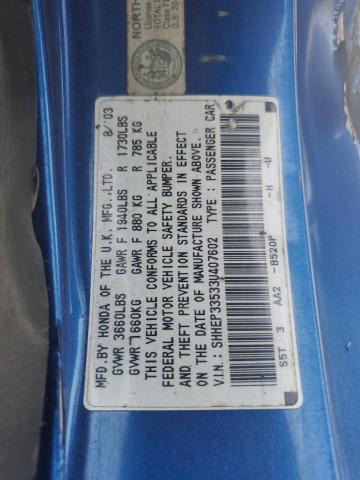 2003 Honda Civic Si VIN: SHHEP33533U407602 Lot: 62183384