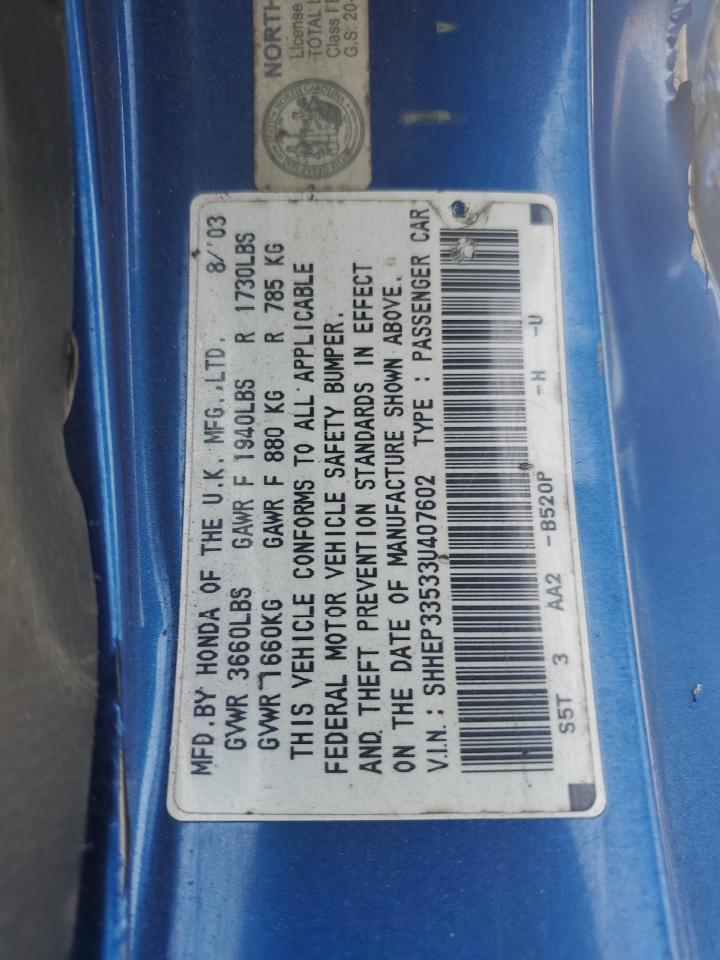 SHHEP33533U407602 2003 Honda Civic Si