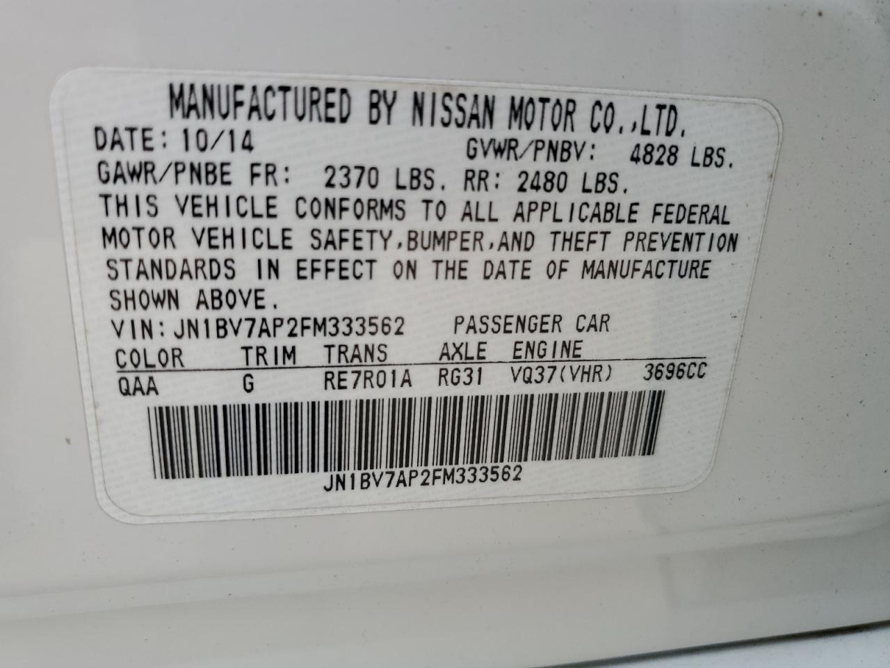 JN1BV7AP2FM333562 2015 Infiniti Q50 Base