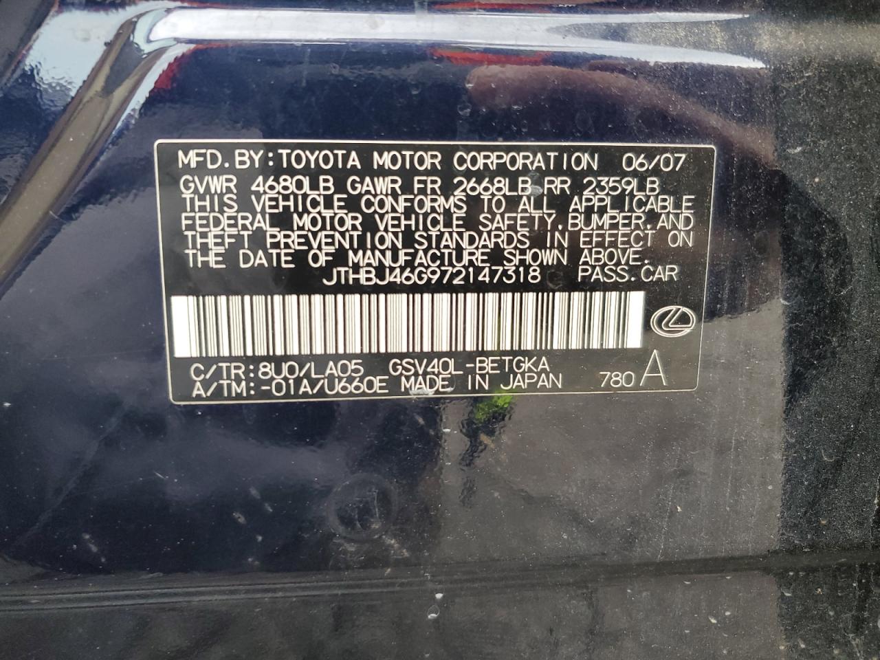 JTHBJ46G972147318 2007 Lexus Es 350