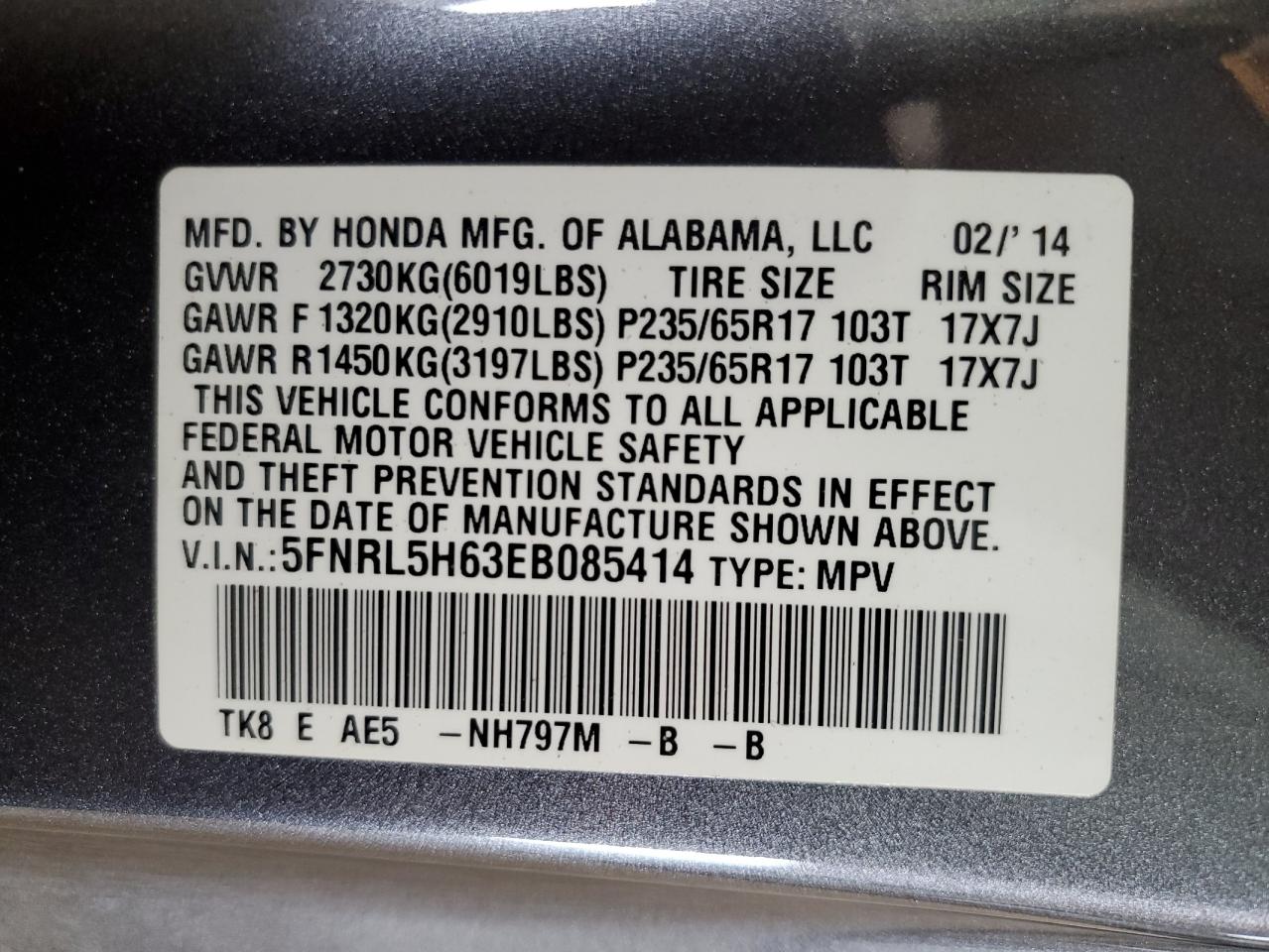 5FNRL5H63EB085414 2014 Honda Odyssey Exl