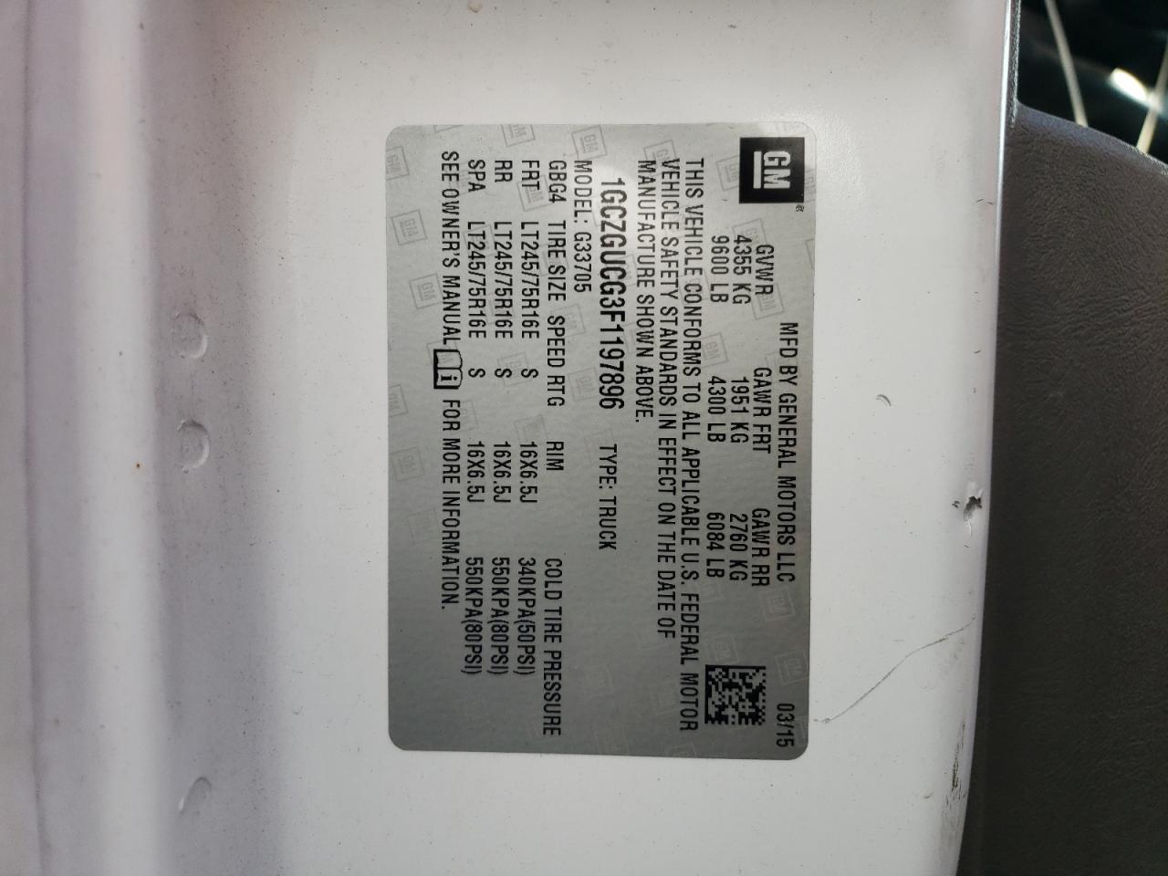 1GCZGUCG3F1197896 2015 Chevrolet Express G3500