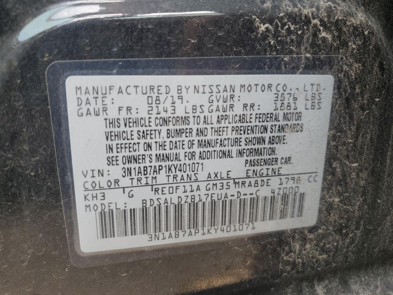 3N1AB7AP1KY401071 2019 Nissan Sentra S