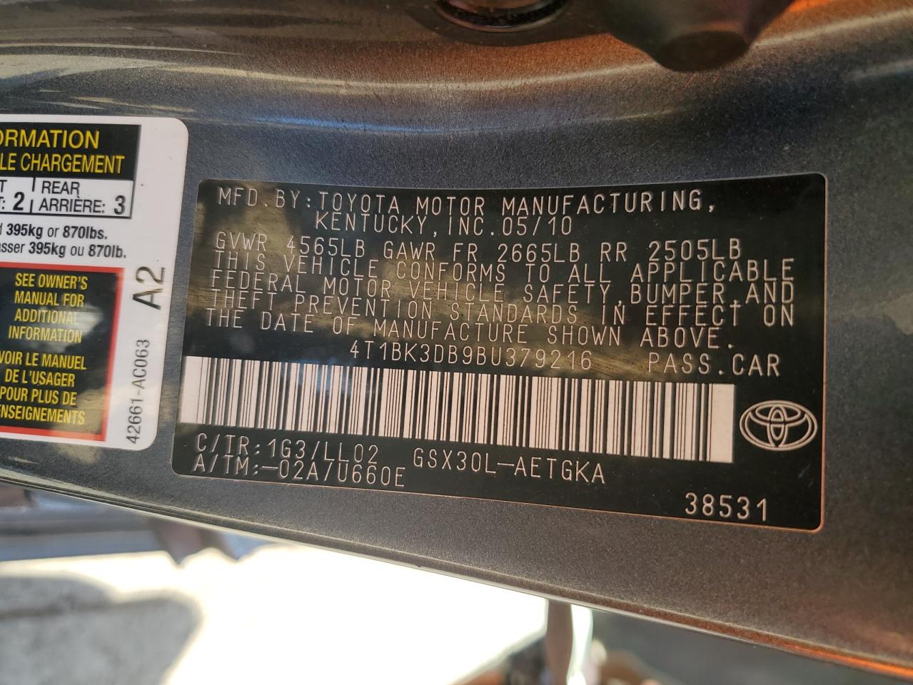 4T1BK3DB9BU379216 2011 Toyota Avalon Base