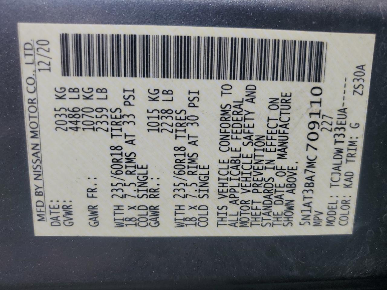 5N1AT3BA7MC709110 2021 Nissan Rogue Sv